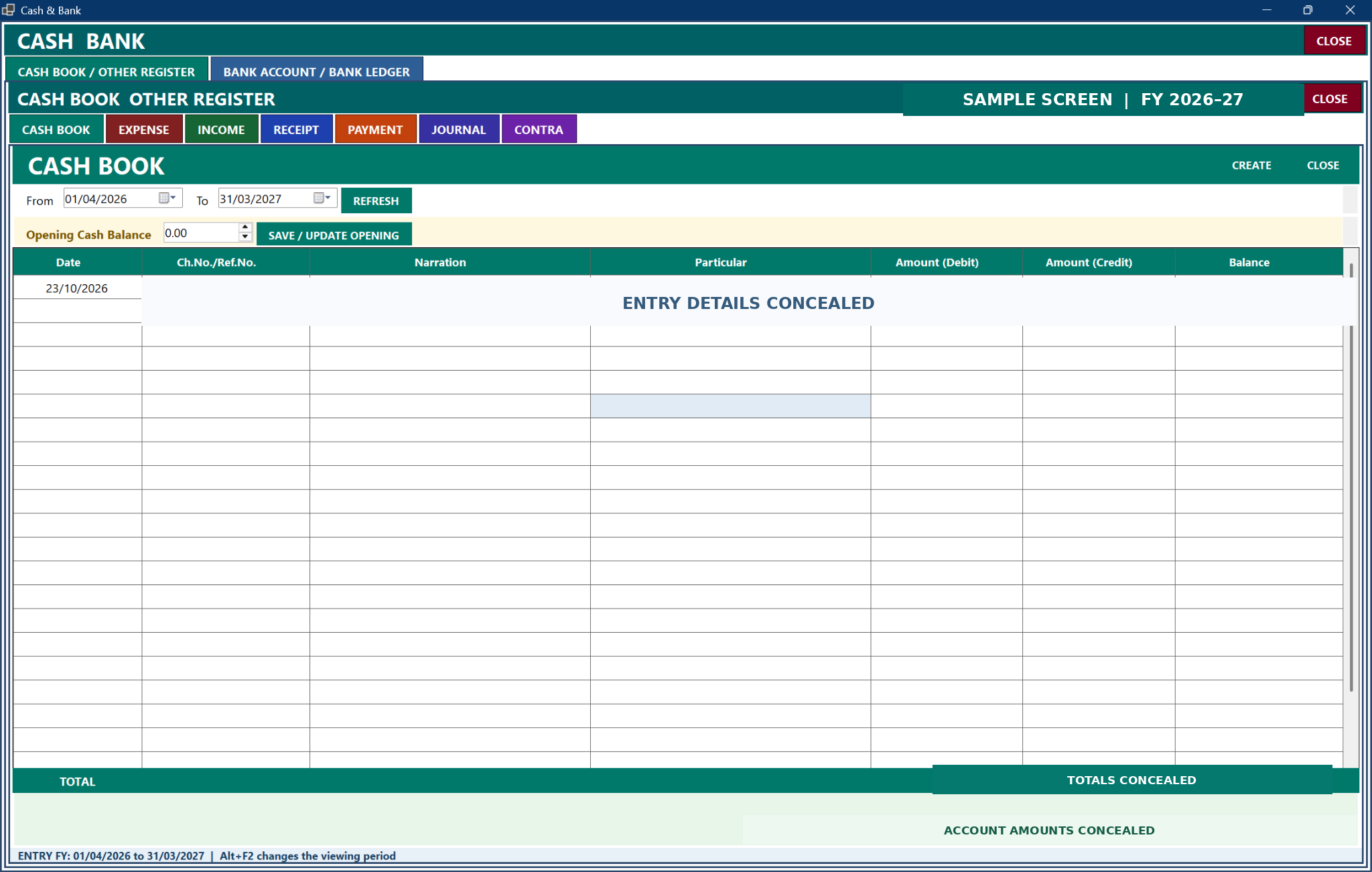 Uttejan Prime Cash Book register with transaction information concealed.